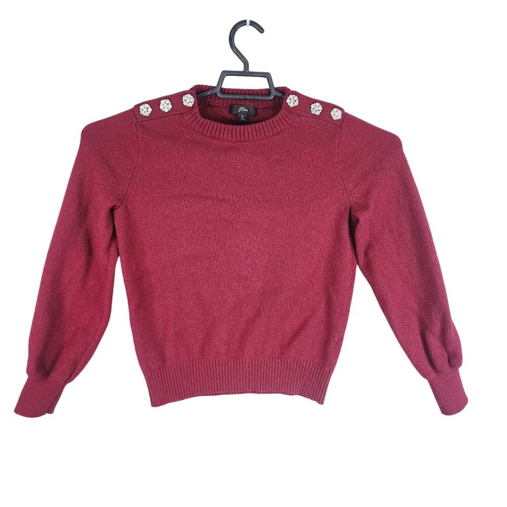 Womens Burgundy J.Crew Button Rhinestone Shoulder Sweater Long Sleeve Size S